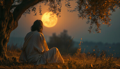 Recreation of Jesus praying in Gethsemane together an olive tree a night with full moon - obrazy, fototapety, plakaty
