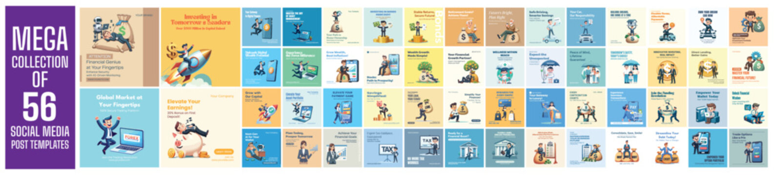 Mega collection of 56 social media post design template. Used for financial advertising