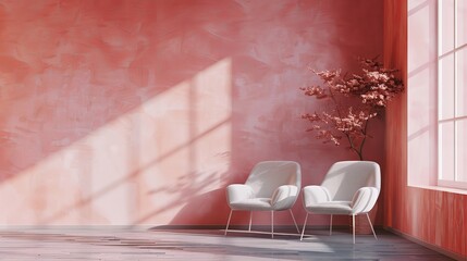 pink pastel apricot warm color painted mockup wall for artwork. Inside lounge design for a modern space. High-end gray accent chair. Three-dimensional rendering