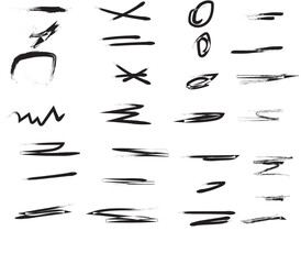 Grunge scrawls, charcoal scribbles, rough brush strokes, underlines strikethroughs. Bold charcoal freehand stripes and ink shapes. Crayon or marker scribbles. Vector illustration