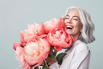 Fototapeta premium A charming gray-haired lady with a bouquet of flowers. The older model demonstrates cheerfulness, harmony and love
