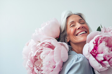 A charming gray-haired lady with a bouquet of peonies on a gray background. A middle-aged woman enjoys a bouquet presented to her - obrazy, fototapety, plakaty