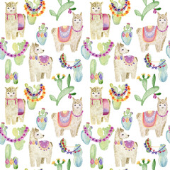 Hand drawn watercolor seamless pattern with llamas and cactuses.