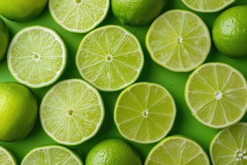 Fototapeta na wymiar Fresh lime slices on green background. Top view. Flat lay.