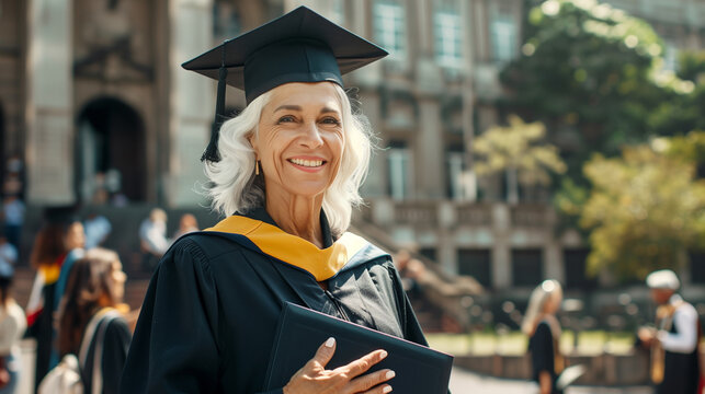 Senior European woman graduate in cap and gown smiling at her ceremony on background of younger students and college building