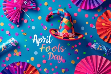 
bright background for April Fool's Day - hat, confetti, paper fans - obrazy, fototapety, plakaty