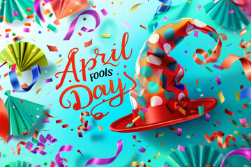 
bright background for April Fool's Day - hat, confetti, paper fans