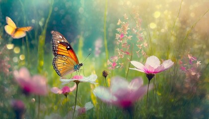 Wiosenne tło z motylami, kwiatami i trawami - obrazy, fototapety, plakaty