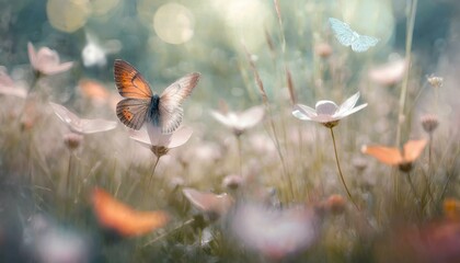 Spring background with butterflies, flowers and grasses