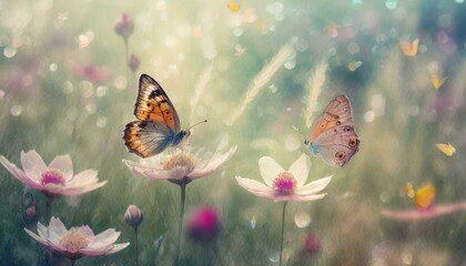 Wiosenne tło z motylami, kwiatami i trawami - 752142444