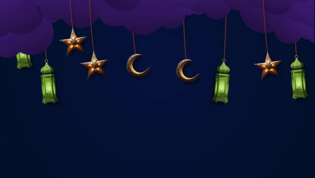 Ramadan Kareem Islamic Animation Background. Lantern And Glowing Star And Moon Hanging With Cloud.ramadan Karim Animation Background,   Eid Mubarak Animation Background, Ramadan Mubarak Arabic Islamic