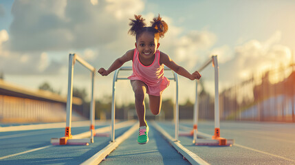Black little girl on running track with hurdles at stadium - obrazy, fototapety, plakaty
