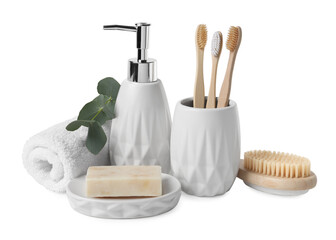 Obraz na płótnie Canvas Bath accessories. Set of different personal care products and eucalyptus leaves isolated on white