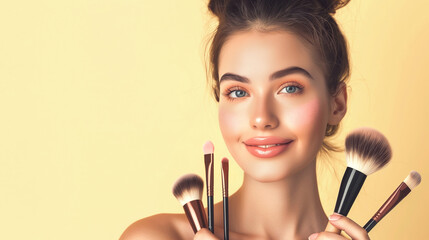 Closeup portrait of a beautiful young woman with cosmetic paint brushes for tonal foundation