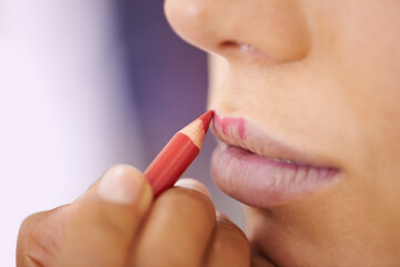 Closeup, woman and lip liner makeup for beauty with hands, application and outline of cosmetics...