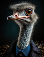 abstract  portrait of an ostrich in jacket on a dark background. Digital painting. - obrazy, fototapety, plakaty
