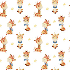 Watercolor seamless pattern with giraffes. Wallpaper for fabric, wrapping paper, etc