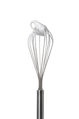 Whisk with whipped egg whites isolated on white