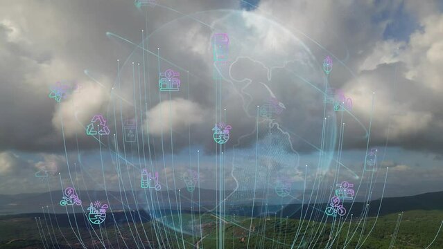 Green forest aerial view and environmental technology concept. Green tech. Ecology. Green transformation. GX. SDGs. High quality 4k footage