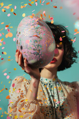 Naklejka premium fashion portrait of a model hiding behind a large easter egg on a pastel blue background with blurry confetti and copy space