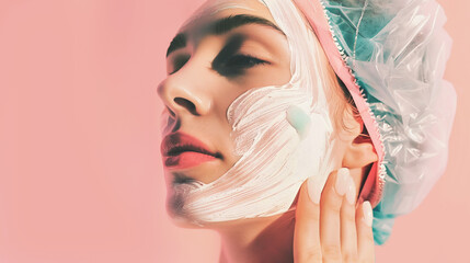 Close up portrait of a young beautiful woman applying face body cream on her face for rejuvenation soft moisturizing effect