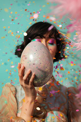 Naklejka premium fashion portrait of a model hiding behind a large easter egg on a pastel blue background with blurry confetti and copy space