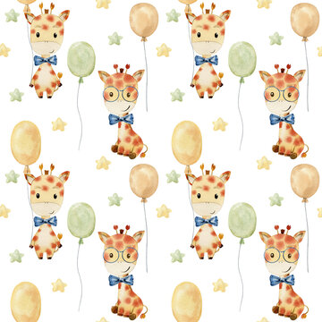 Watercolor seamless pattern with giraffes. Wallpaper for fabric, wrapping paper , etc