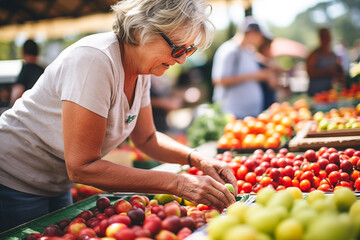 Adult woman choosing fruits and vegetables in the farmers market, Shopping fruits for a healthy diet.