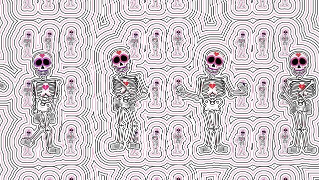 Seamless psychedelic background with Mexican sugar skeleton with wave effect. Halloween vector style animation with catrina illustration 