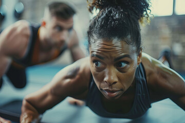 Personal trainer motivates client doing push-ups in gym