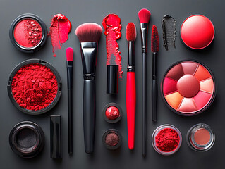 Top view of red color makeup accessories, brushes, eyeshadow, beauty makeup sponges, nail polish and lipstick on black background