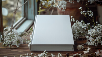 Naklejka na ściany i meble realistic photography of a white soft-cover book on a table