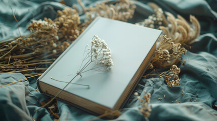 realistic photography of a white soft-cover book on a table