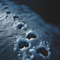 multiple Dog paw prints in snow
