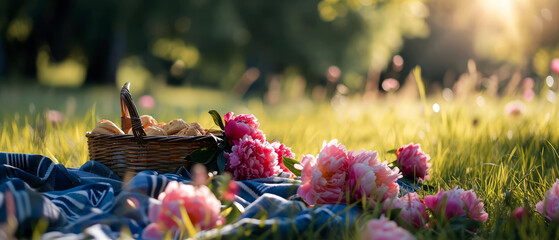  Picnic at blooming peonies meadow.Tablecloth on the grass in a park. Outdoors rest. Breakfast on the nature. Generative ai