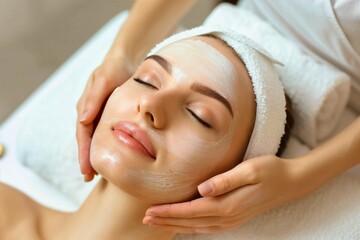 Fototapeta na wymiar Relaxing facial treatment at beauty spa with a serene young woman enjoying skincare massage