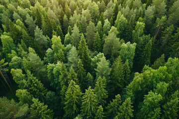 Aerial top view of summer green trees in forest in rural Finland
