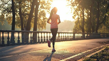 Rear view of a woman running on a scenic park road, bathed in golden sunrise light