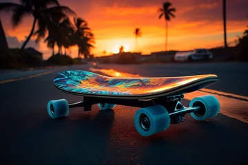 Afwasbaar fotobehang a skateboard on the road © Victor