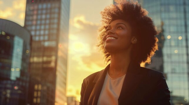Successful black businesswoman in cityscape at golden hour, reflective and hopeful about her business ventures