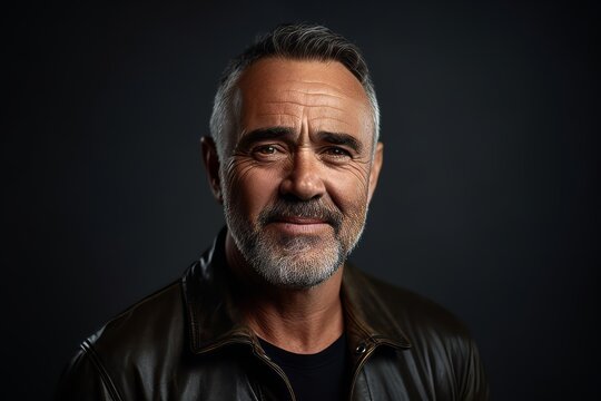 Portrait of a handsome mature man in leather jacket on dark background.