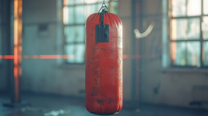 Red punching bag hanging in room