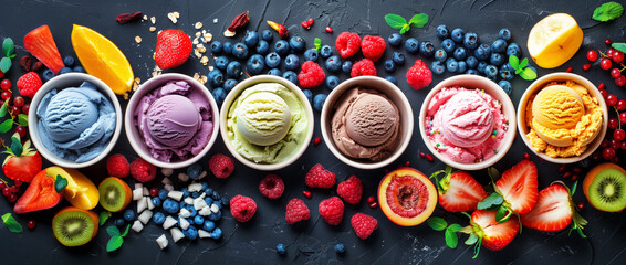 Ice cream assortment. Selection of colorful ice cream with berries and fruits on dark rustic table