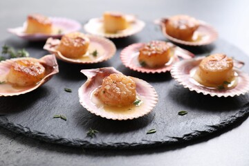 Delicious fried scallops in shells on grey table, closeup