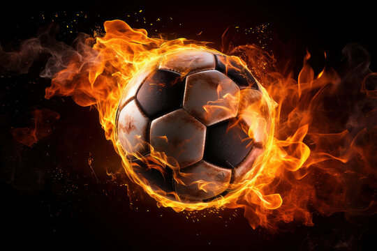 An intense image of a soccer ball engulfed in flames, depicting passion and power in sports, suitable for dynamic and energetic themes, AI Generative.