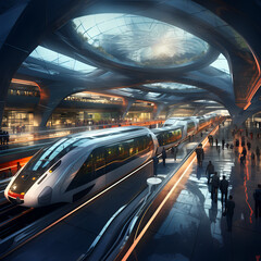 A futuristic train station with high-speed trains. 