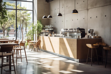 modern coffee shop with raw concrete wall. cement floor. bar counter with stools.