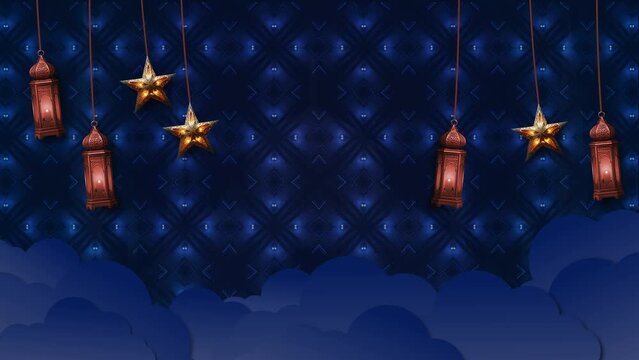 Lantern And Glowing Star Hanging With Cloud Moving Ramadan Background With Mandala Effects. Ramadan Karim Animation Background,  Mandala Islamic Eid Mubarak Animation Background, Islamic Ramadan Karee