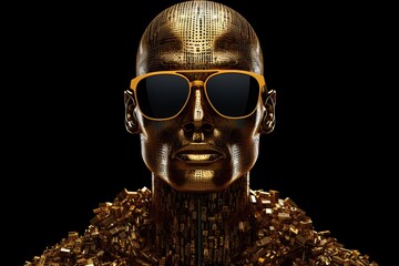 a gold statue with sunglasses