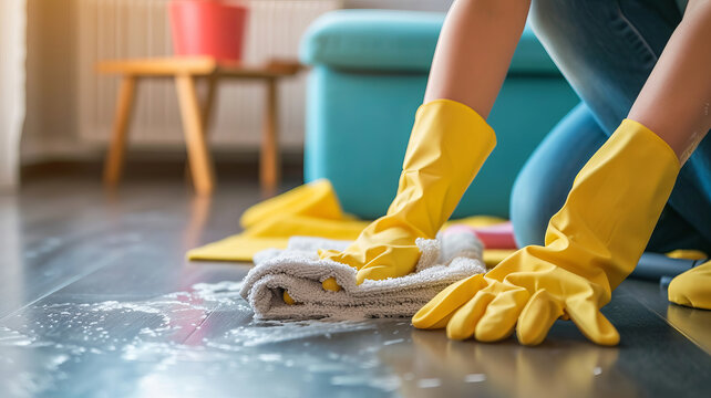 Meticulous deep cleaning of a floor with a cloth and gloves, capturing the essence of cleanliness by AI Generative.